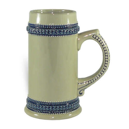 Keramický šedý pivní krígel s modrým ornamentem určený pro sublimaci